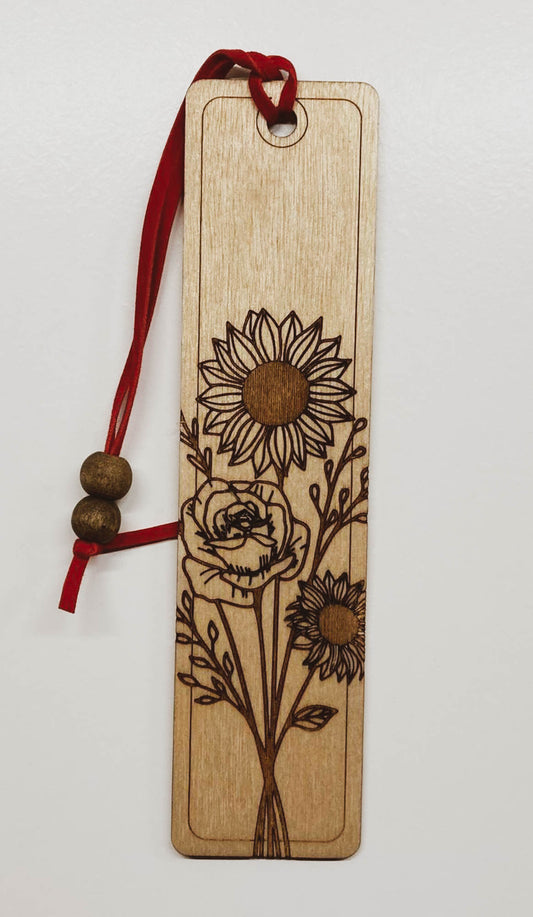Sunflower and Roses Wooden Bookmark