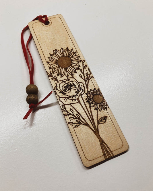 Sunflower and Roses Wooden Bookmark